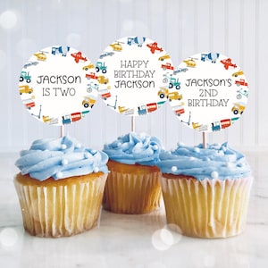 Transport cupcake toppers, Things That Go cake topper, auto's vrachtwagens voertuigen jongen verjaardag cupcake topper decoraties afdrukbare 12TR