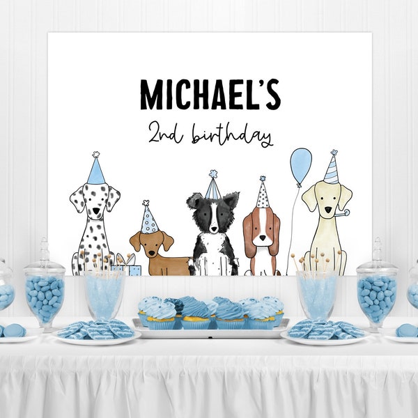 Editable Boy Dog Backdrop Banner Template Puppy Party Tapestry Boy Dog Theme Puppy Pawty Birthday Decor Digital Download 1015