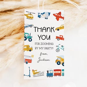 Cadeaulabel transport, Things That Go Birthday bedankkaartjes, cadeaulabel voertuigen, auto's vrachtwagens vliegtuig trein Goodiebaglabel 12TR