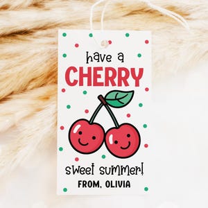 Etiqueta de fin de curso con cerezas, etiqueta de último día de curso con cerezas dulces de verano, etiqueta de agradecimiento al profesor de la clase de comida, plantilla imprimible 01ES