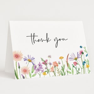 Cartão de agradecimento editável com flores silvestres, cartão de agradecimento dobrado para festa no jardim floral, cartão de agradecimento moderno com flores em branco para impressão 1021
