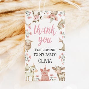 Étiquette de faveur à la ferme, étiquettes de remerciement d'anniversaire de petite fille de basse-cour, étiquette cadeau floral rose animaux de grange, étiquette de sac de cadeaux 79FM