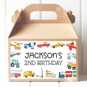 Transport verjaardag gunst doos label, auto's vrachtwagens voertuigen gevel doos label, Things That Go Party vak bewerkbare sjabloon 12TR