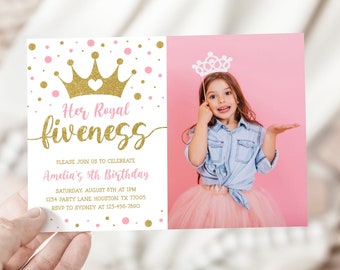 Editable Her Royal Fiveness Birthday Photo Invitation Royal Celebration Princess Girl 5th Birthday Tiara Crown Picture Invite Template 1032