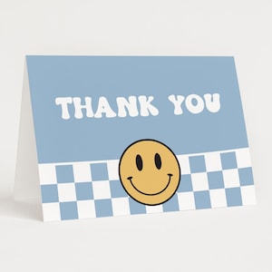Cartão de agradecimento de aniversário de menino com rosto sorridente retrô editável azul xadrez um cara feliz aniversário dobrado modelo de cartão de agradecimento SMI4
