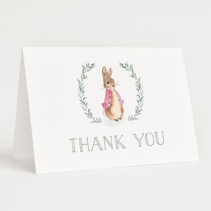 Bearbeitbare Flopsie Bunny Dankeskarte, Rosa Peter Rabbit Gefaltete Dankeskarte, Peter Rabbit Mädchen erster Geburtstag leere Dankeskarte 1012