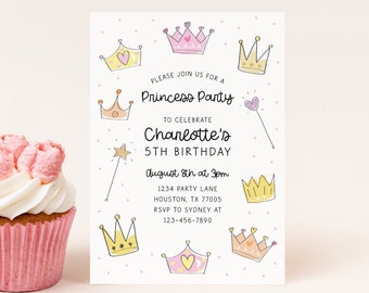 Editable Princess Birthday Invitation Once Upon a Time Royal Celebration Girl Birthday Princess Tiara Crown Invitation Template 1031