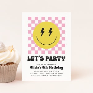 Editable Smiley Face Girl Birthday Invitation Cool Retro Rad Preppy Checkered Smiley Girl Invite Digital Download Template 1025