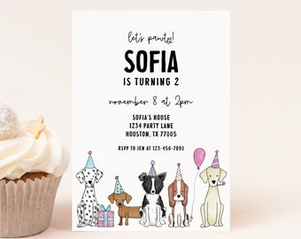 Editable Dog Birthday Invitation Puppy Party Let’s Pawty Dog Theme Girl Invite Digital Download Template 1016