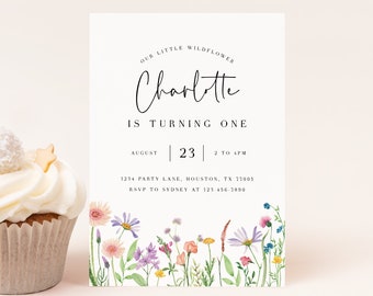 Editable Wildflower Birthday Party Invitation Floral Girl 1st Birthday Invite Wild Flower Party Digital Download Template 1021