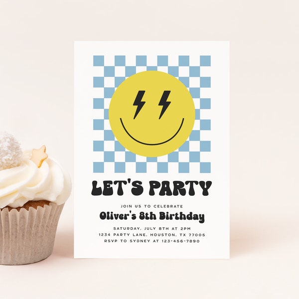 Editable Smiley Face Boy Birthday Invitation Cool Retro Rad Preppy Checkered Smiley Boy Invite Digital Download Template 1026