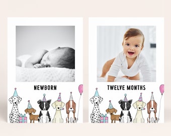 Dog First Birthday Girl Photo Banner, Girl Puppy Monthly Milestone Photo Cards, Dog Theme Newborn-12 Months Photo Banner 1st Birthday 1016