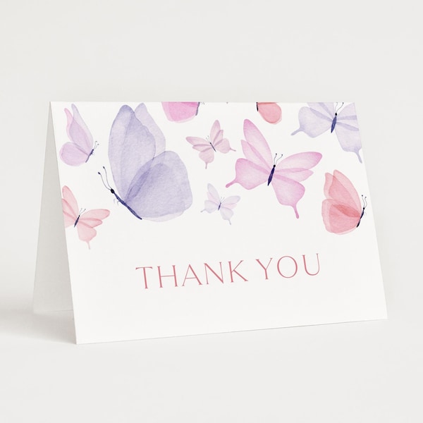 Editable Butterfly Birthday Thank You Card, Modern Minimal Butterfly Party Folded Thank You Card, Butterfly Thank You Card Template BF1