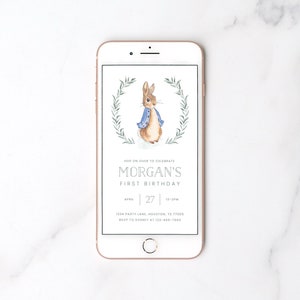 Invito digitale modificabile per il compleanno di Peter Rabbit, festa di Peter Rabbit per il primo compleanno, invito tramite testo telefonico, modello di download 1011