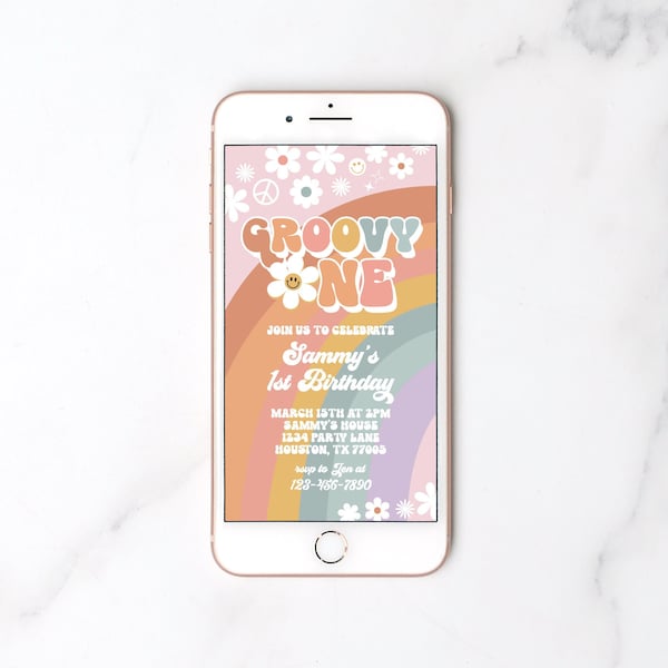 Editable Groovy One First Birthday Digital Invitation Rainbow Hippie 70s Theme Girl Birthday Phone Text Electronic Invite Template GRV1