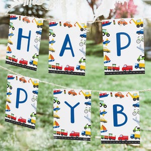 Verjaardagsbanner transport, feestbanner Things That Go, afdrukbare auto's vrachtwagens voertuigen verjaardagsbanner Bewerken om alles te zeggen 22TR