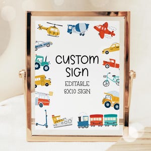 Transport verjaardag bewerkbaar bord, Things That Go 8 x 10 aanpasbaar feestbord, auto's vrachtwagens voertuigen bewegwijzering decoraties sjabloon 12TR