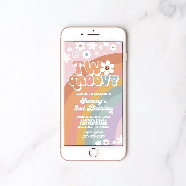 Editable Two Groovy 2nd Birthday Digital Invitation Rainbow Hippie 70s Theme Girl Birthday Phone Text Electronic Invite Template GRV1