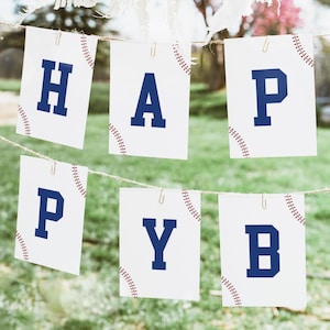 May include: A white banner with the word "HAPPY" spelled out in blue letters on individual cards. Each card has a baseball stitch design on it.