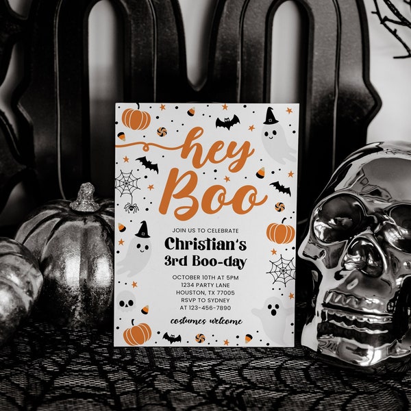 Editable Hey Boo Halloween Birthday Invitation Cute Ghost Halloween Birthday Invite Orange and Black Boo-Day Invitation Template 2005