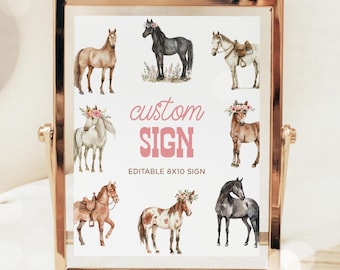 May include: Printable 8x10 inch sign with the text "custom sign" in pink. The sign features a white background with watercolour illustrations of horses in various poses and colours.
