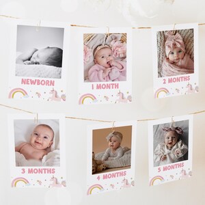 Bannière photo mensuelle 1er anniversaire de fille licorne, cartes-photos d'étape importante de la fête arc-en-ciel, guirlande photo de premier anniversaire licorne magique 38UN