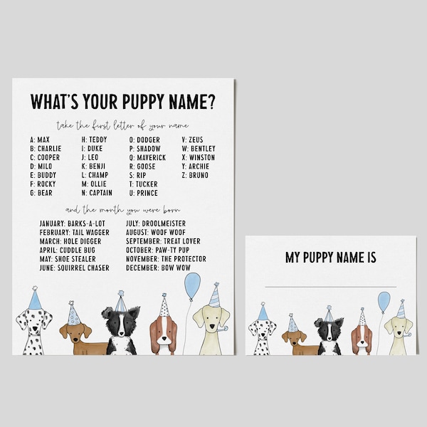 Editable What's Your Puppy Name Game, Dog Boy Birthday Game, Puppy Party Birthday Activity, Dog Name Party Game 1015