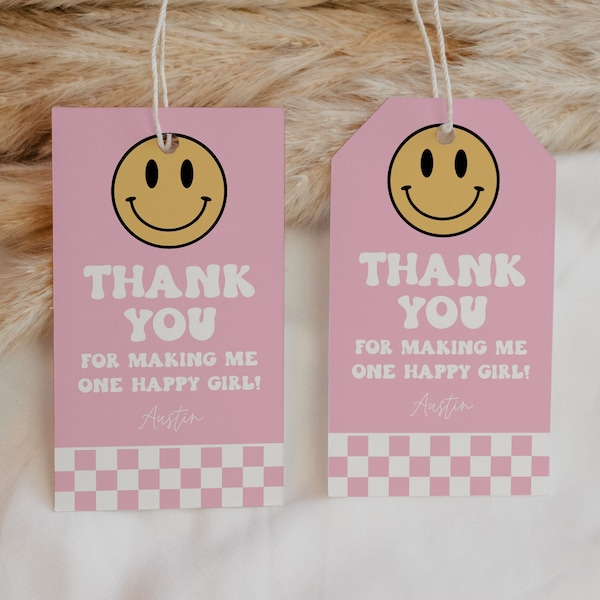 Editable Pink Smiley Face Birthday Party Favor Tag, One Happy Girl Thank You Tag, Girl Smiley Face Gift Tag, Instant Download SMI5