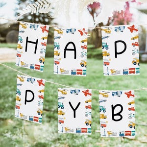 Transport Happy Birthday banner, Things That Go feestbanner, afdrukbare auto's vrachtwagens voertuigen verjaardagsbanner Bewerken om alles te zeggen 12TR