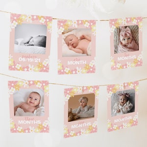 Bannière photo mensuelle premier anniversaire Marguerite, cartes-photos florales jalons, guirlande photo 1er anniversaire fille fleurs 62DA