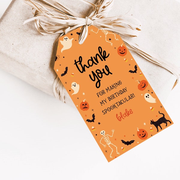 Editable Halloween Birthday Party Favor Tags, Skeleton Pumpkin Ghost Thank You Tag, Orange Goodie Bag Label, Cute Ghost Party Sticker BLAKE