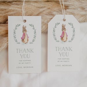 Bearbeitbarer Flopsie Bunny-Geburtstagsfeierbevorzugungsanhänger, Mädchen erster Geburtstag Peter Rabbit Dankeschön-Tag, rosa Peter Rabbit Geschenkanhänger 1012