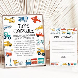 Transporttijdcapsule, Things That Go Boy 1e verjaardag gastenboek, auto's Vrachtwagens Voertuigen Tijdcapsule Feestdecoraties Sjabloon 12TR