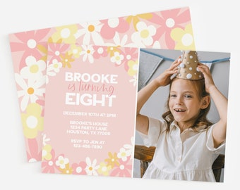 Editable Daisy Birthday Photo Invitation Retro Floral Colorful Daisies Girl Birthday Picture Invite Any Age Digital Download Template DAI1