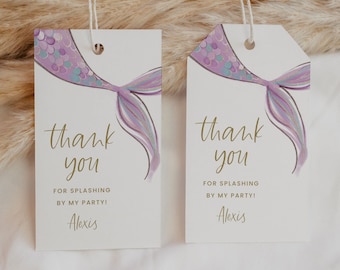 Editable Mermaid Birthday Party Favor Tag, Purple Mermaid Thank You Tag, Modern Mermaid Gift Tag, Watercolor Mermaid Gift Tag 1001