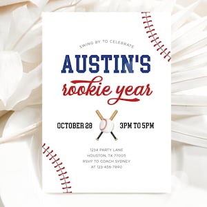 Baseball 1st Birthday Invitation, Rookie Year Invite, Baseball Boy First Birthday Party, Editable Template 75BB