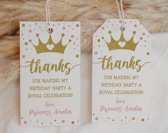 Princess Birthday Party Favor Tag Editable Template, Royal Celebration Thank You Tag, Tiara Crown Princess Birthday Gift Tag 1032