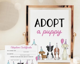 Adopt a Puppy Girl Birthday Sign, Puppy Adoption Certificate, Adopt a Dog Sign, Dog Birthday Activity Template 43DG