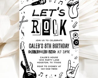 Rock and Roll Birthday Invitation, Let&#39;s Rock Invite, Rock ’N Roll Birthday Party, Rock Music Invitation Editable Template 40RR