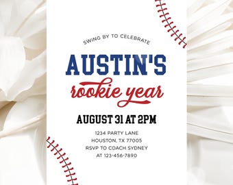 Baseball 1st Birthday Invitation, Baseball Rookie Year Invitation, Baseball Boy First Birthday Party Invite, Editable Template 75BB