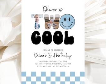 May include: A white invitation card with the text "Oliver is TWO COOL" and a blue smiley face. The card includes the text "Oliver's 2nd birthday" and event details. A light blue and white checkered pattern is at the bottom.