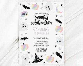 Editable Halloween Birthday Invitation Girl, Pastel Pink Costume Party Invite, Holographic Halloween Spooky Celebration Invite CAROLINE