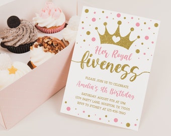 Editable Her Royal Fiveness Birthday Invitation Royal Celebration Princess Girl 5th Birthday Princess Tiara Crown Invitation Template 1032