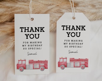 Firetruck Birthday Party Favor Tag Editable Template, Firefighter Thank You Tag, Fireman Goodie Bag Label, Fire Truck Gift Tag FT1