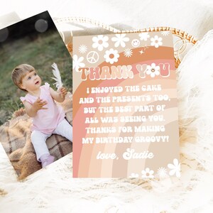 Cartão de agradecimento Groovy, nota de agradecimento Groovy First Birthday, Flower Power Groovy One Party Cartão de agradecimento pré-preenchido Modelo editável 38GV
