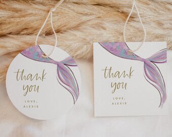 Editable Square Mermaid Favor Tag Purple Mermaid Thank You Tag Modern Mermaid Gift Tag Watercolor Mermaid Goodie Bag Label Template 1001