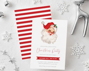 May include: A festive Christmas party invitation with a Santa Claus illustration. The invitation has red text that reads "Christmas Party" and includes event details. The image is decorated with snowflakes, bells, and a silver reindeer on a white background.