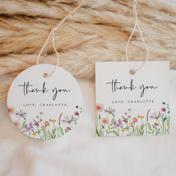 Editable Square Wildflower Favor Tag Round Wild Flower Thank You Tag Modern Wildflower Gift Tag Garden Party Goodie Bag Label 1021