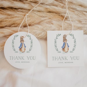Bearbeitbares quadratisches Peter Rabbit Favor Tag Runde Peter Rabbit Dankeschön-Tag Junge Erster Geburtstag Peter Rabbit Geschenkanhänger Digitale Vorlage 1011