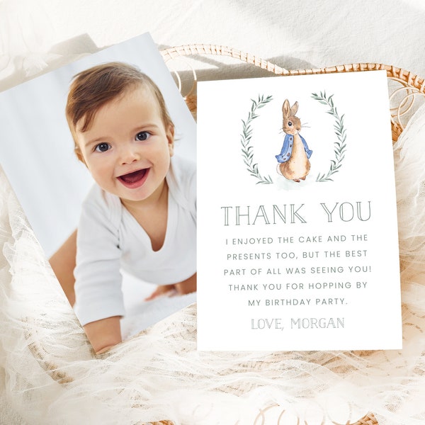 Editable Peter Rabbit Thank You Card, Peter Rabbit Photo Thank You Card, Peter Rabbit Boy First Birthday Thank You Card with Photo Back 1011